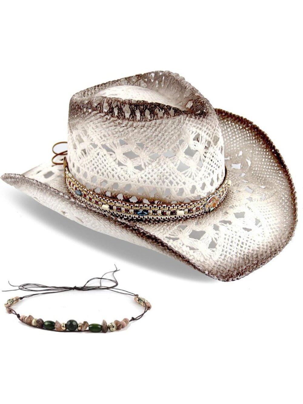 Unisex White Gravel Straw Woven Double Band Cowboy Western Cowgirl Sun Hat